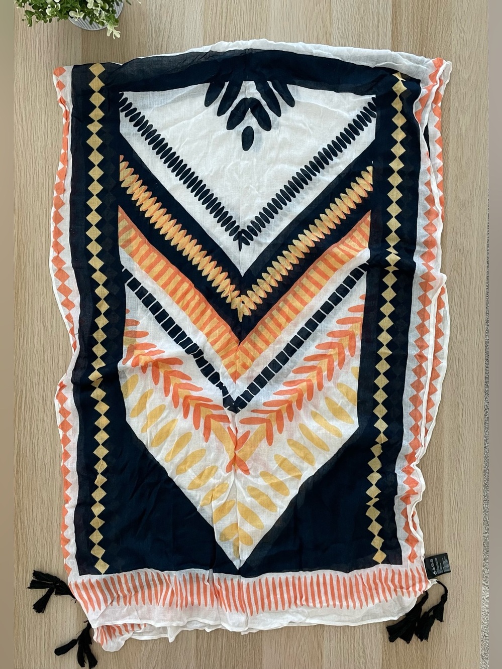 Anthropologie Black, Orange & Yellow Geometric Tassel Scarf